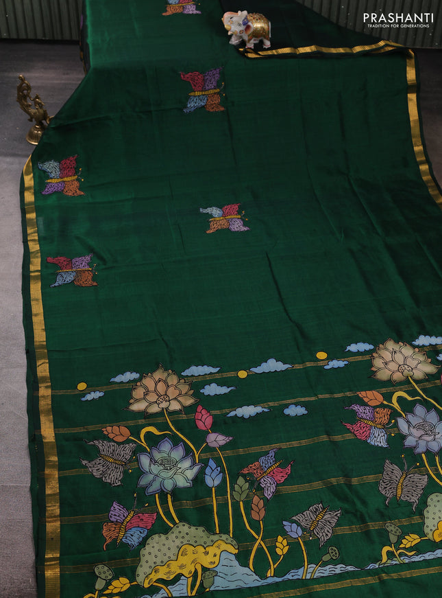 Silk cotton saree bottle green with kalamkari applique work and zari woven border