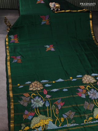 Silk cotton saree bottle green with kalamkari applique work and zari woven border