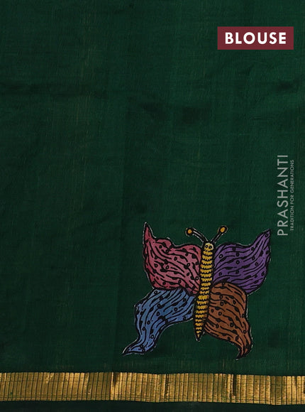Silk cotton saree bottle green with kalamkari applique work and zari woven border