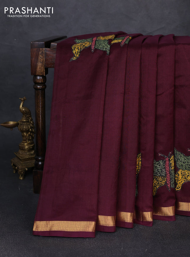 Silk cotton saree wine shade with kalamkari applique work and zari woven border