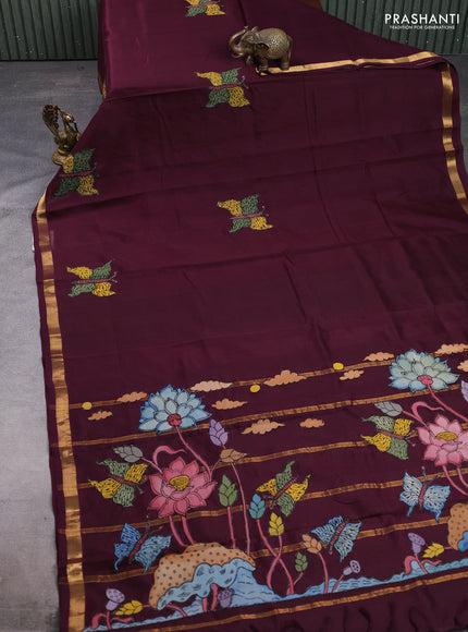 Silk cotton saree wine shade with kalamkari applique work and zari woven border