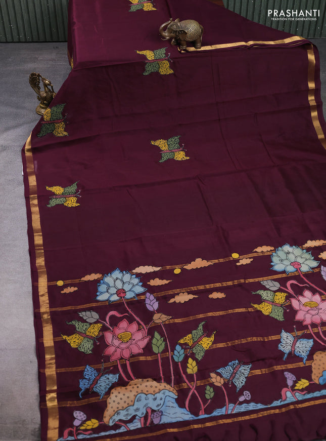 Silk cotton saree wine shade with kalamkari applique work and zari woven border