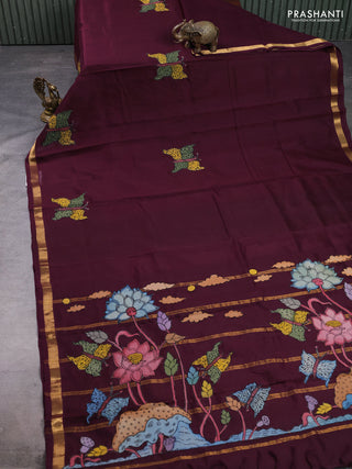 Silk cotton saree wine shade with kalamkari applique work and zari woven border
