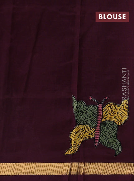 Silk cotton saree wine shade with kalamkari applique work and zari woven border