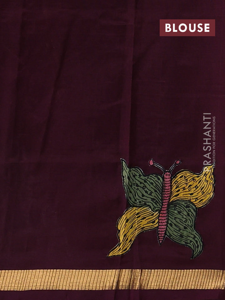 Silk cotton saree wine shade with kalamkari applique work and zari woven border