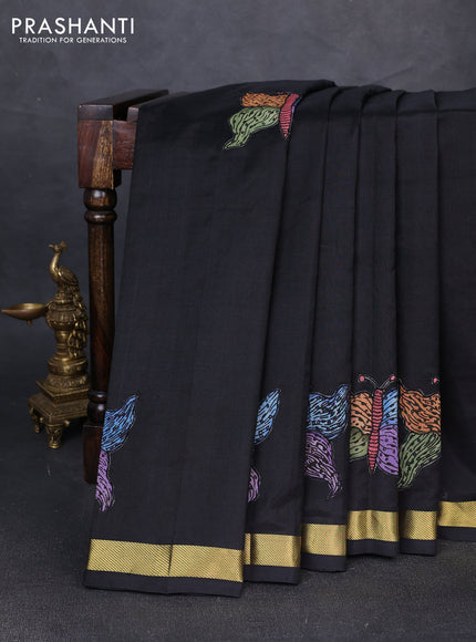 Silk cotton saree black with kalamkari applique work and zari woven border