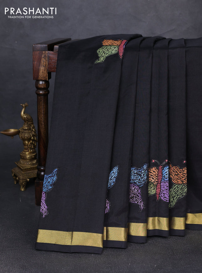 Silk cotton saree black with kalamkari applique work and zari woven border
