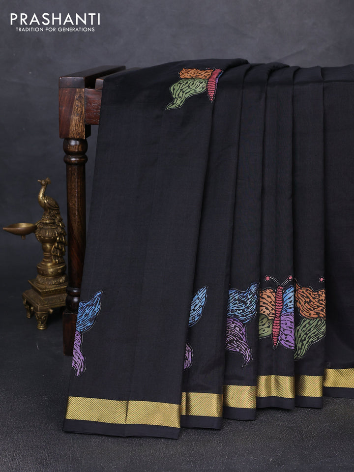 Silk cotton saree black with kalamkari applique work and zari woven border