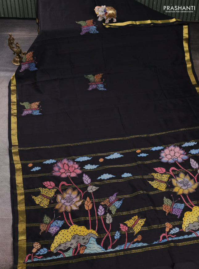Silk cotton saree black with kalamkari applique work and zari woven border