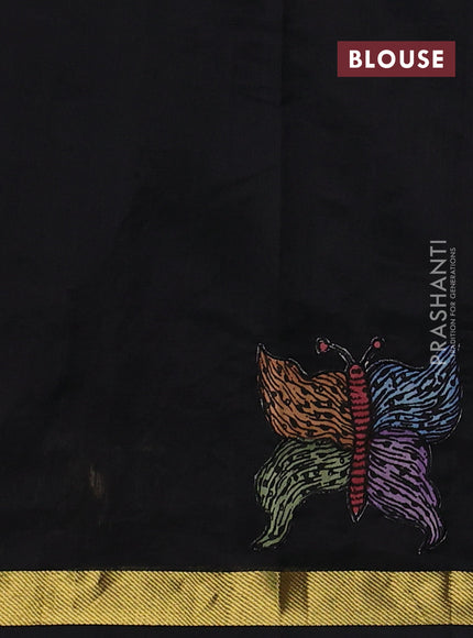 Silk cotton saree black with kalamkari applique work and zari woven border