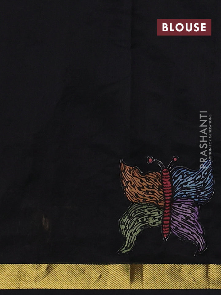 Silk cotton saree black with kalamkari applique work and zari woven border
