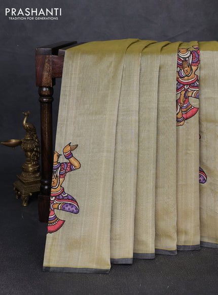 Silk cotton saree elaichi green and green with kalamkari applique work in borderless style