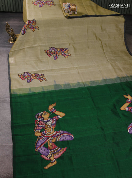 Silk cotton saree elaichi green and green with kalamkari applique work in borderless style