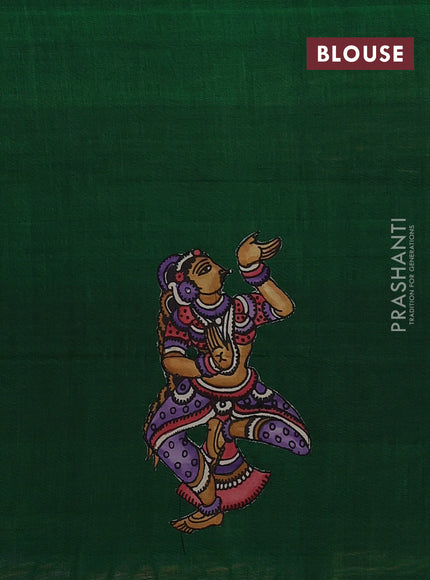 Silk cotton saree elaichi green and green with kalamkari applique work in borderless style