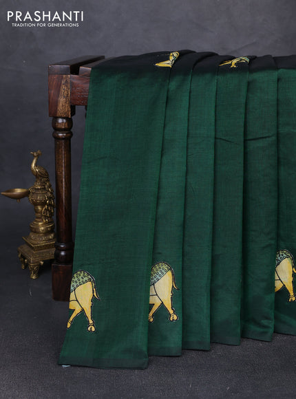Silk cotton saree bottle green with kalamkari applique work in borderless style