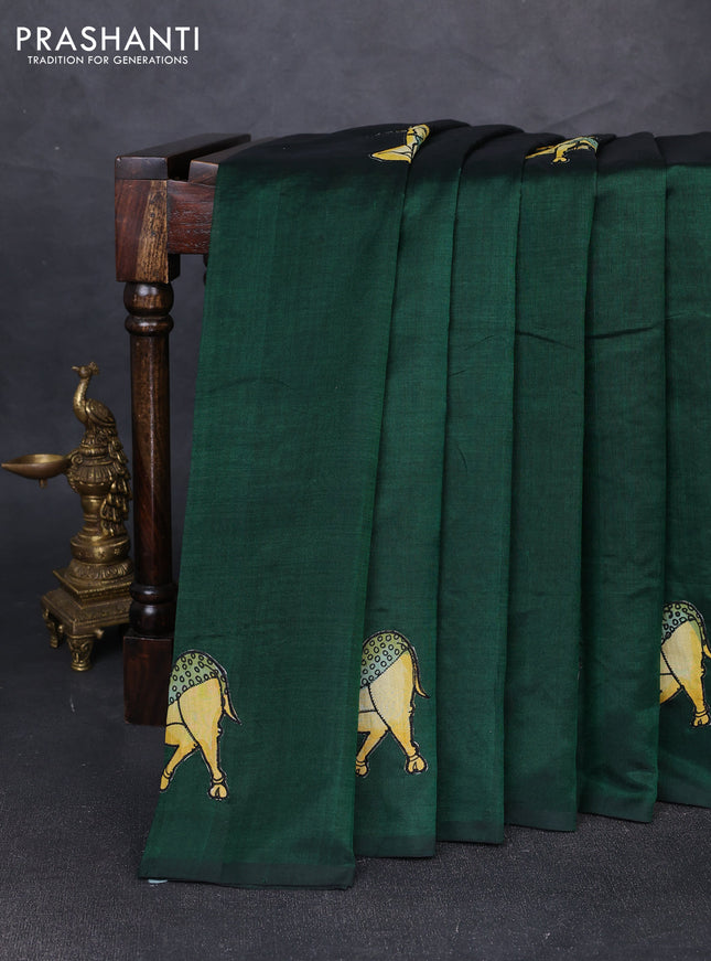 Silk cotton saree bottle green with kalamkari applique work in borderless style