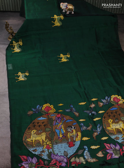Silk cotton saree bottle green with kalamkari applique work in borderless style