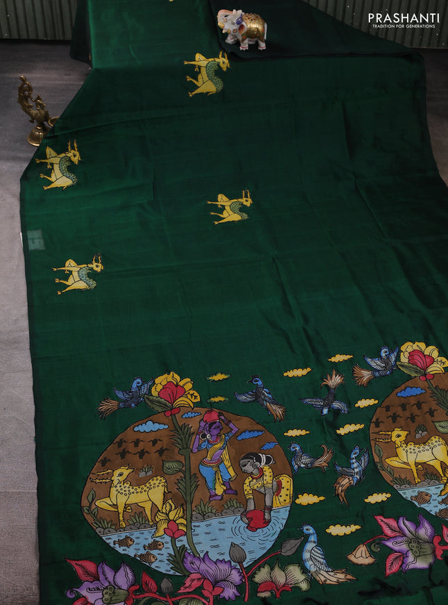 Silk cotton saree bottle green with kalamkari applique work in borderless style