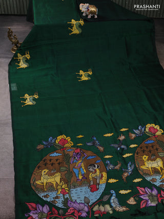 Silk cotton saree bottle green with kalamkari applique work in borderless style