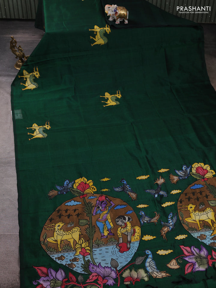 Silk cotton saree bottle green with kalamkari applique work in borderless style