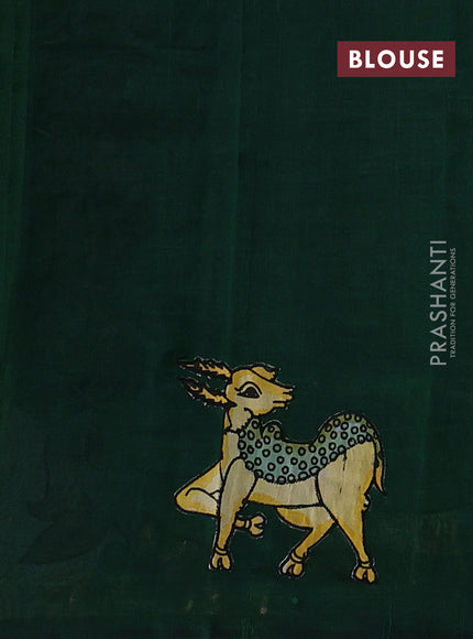 Silk cotton saree bottle green with kalamkari applique work in borderless style