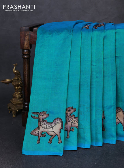 Silk cotton saree dual shade of teal bluish green with kalamkari applique work in borderless style