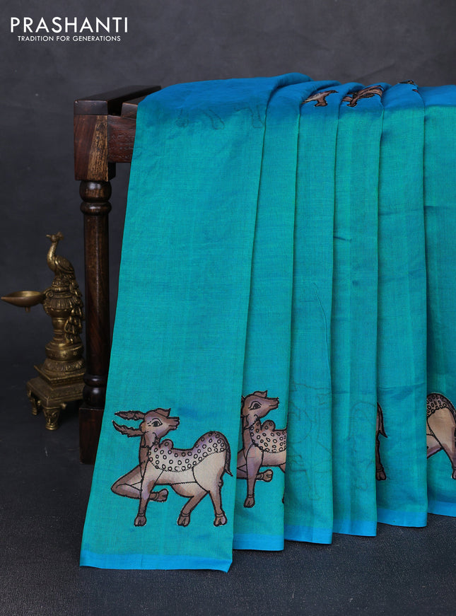 Silk cotton saree dual shade of teal bluish green with kalamkari applique work in borderless style