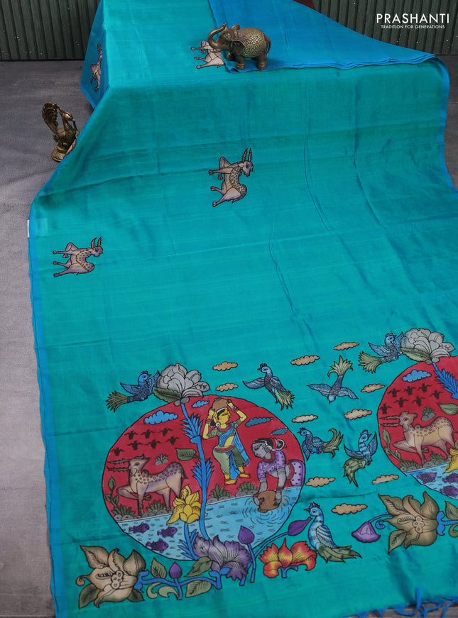 Silk cotton saree dual shade of teal bluish green with kalamkari applique work in borderless style