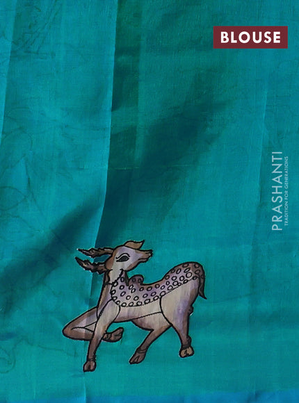 Silk cotton saree dual shade of teal bluish green with kalamkari applique work in borderless style