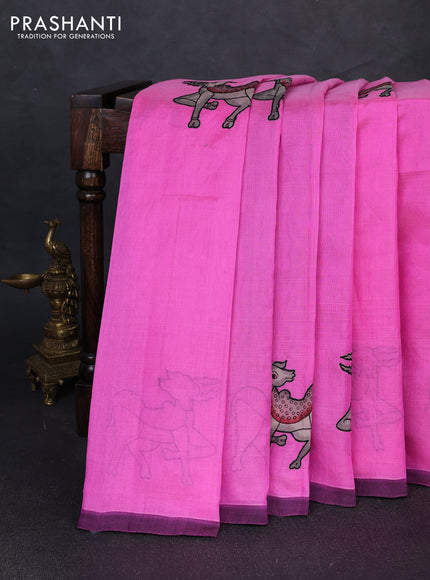 Silk cotton saree light pink and deep maroon with kalamkari applique work and piping border