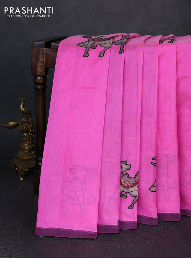 Silk cotton saree light pink and deep maroon with kalamkari applique work and piping border