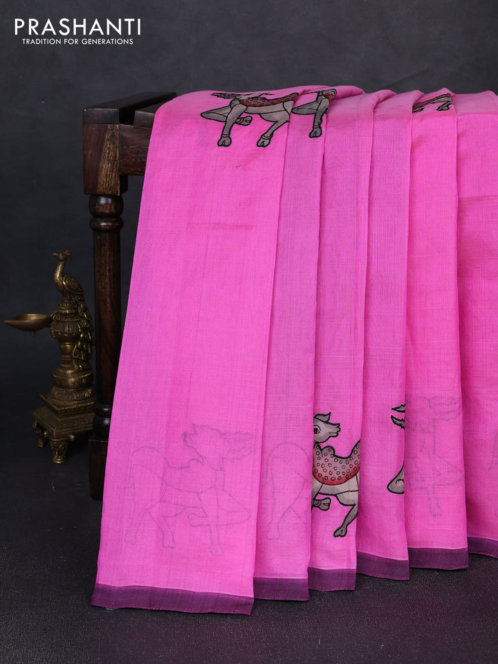 Silk cotton saree light pink and deep maroon with kalamkari applique work and piping border