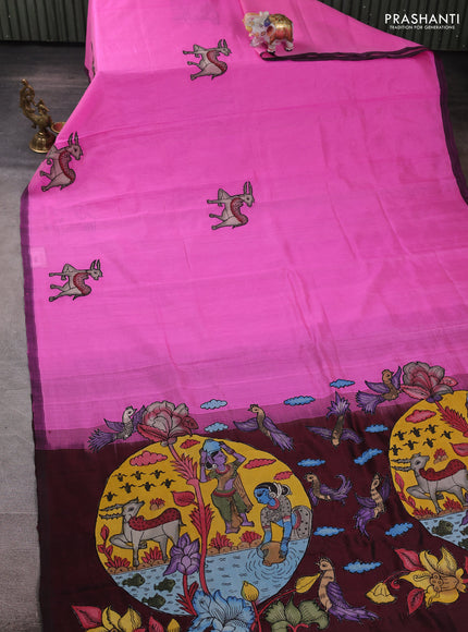 Silk cotton saree light pink and deep maroon with kalamkari applique work and piping border
