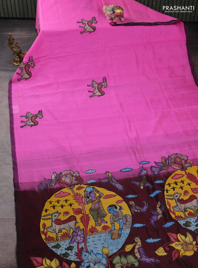 Silk cotton saree light pink and deep maroon with kalamkari applique work and piping border