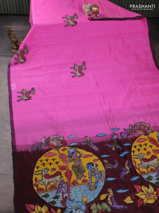 Silk cotton saree light pink and deep maroon with kalamkari applique work and piping border