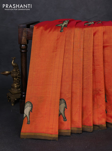 Silk cotton saree sunset orange and black with kalamkari applique work and piping border