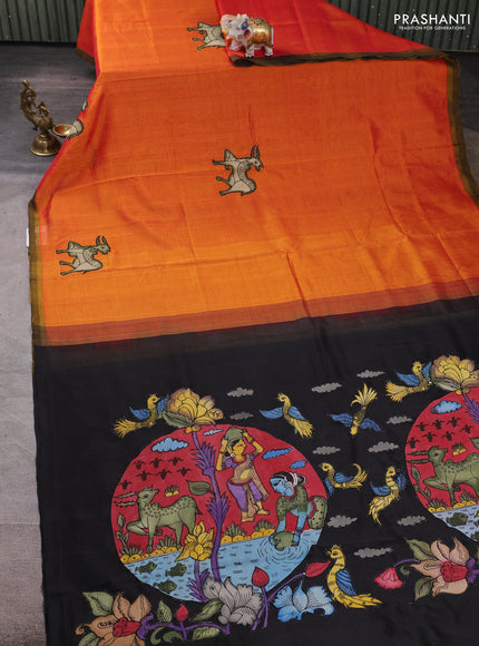 Silk cotton saree sunset orange and black with kalamkari applique work and piping border