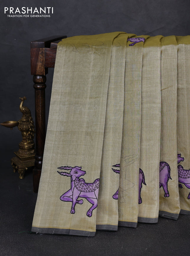 Silk cotton saree elaichi green and bottle green with kalamkari applique work and piping border