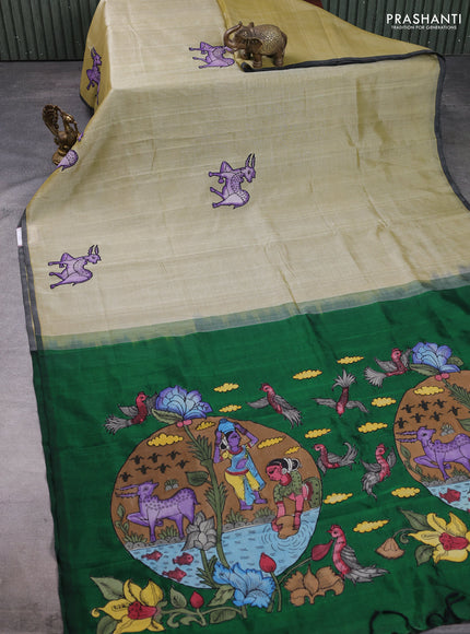 Silk cotton saree elaichi green and bottle green with kalamkari applique work and piping border