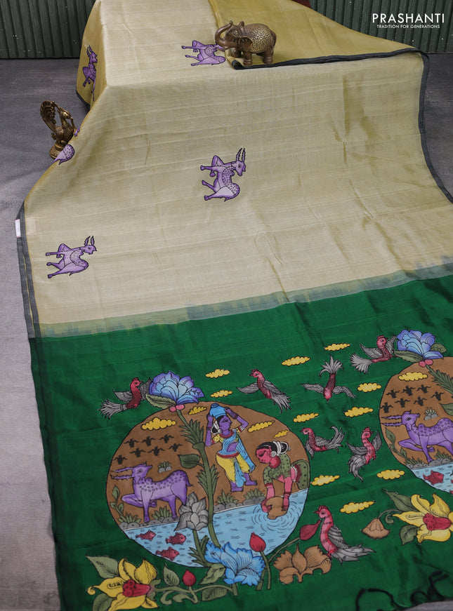 Silk cotton saree elaichi green and bottle green with kalamkari applique work and piping border