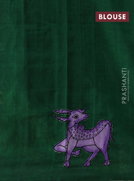 Silk cotton saree elaichi green and bottle green with kalamkari applique work and piping border