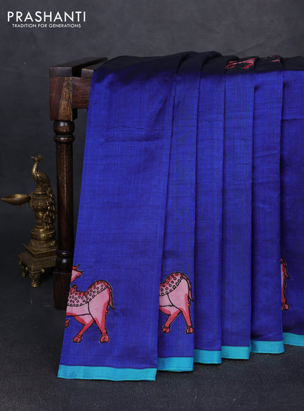 Silk cotton saree blue and teal green with kalamkari applique work and piping border