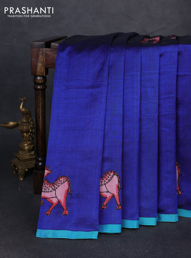Silk cotton saree blue and teal green with kalamkari applique work and piping border