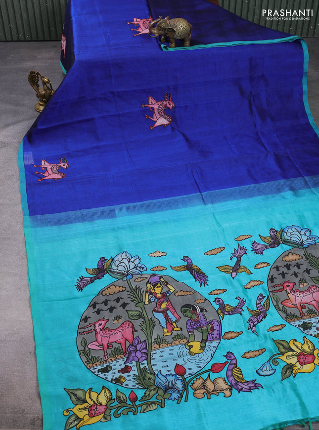 Silk cotton saree blue and teal green with kalamkari applique work and piping border