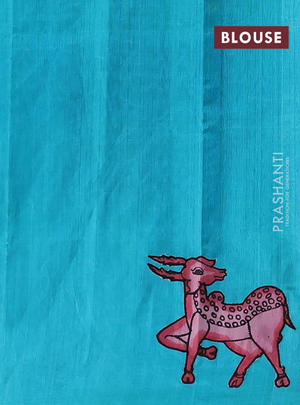 Silk cotton saree blue and teal green with kalamkari applique work and piping border