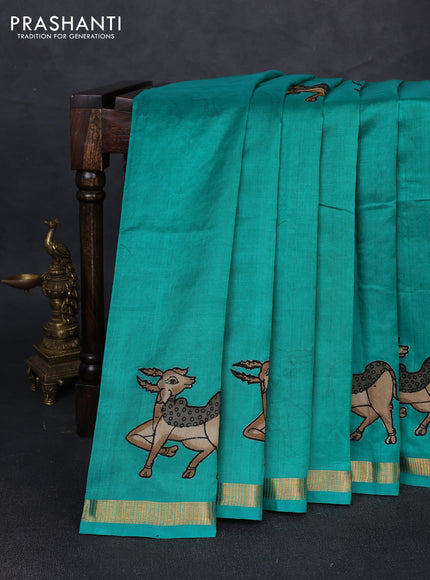 Silk cotton saree teal green with kalamkari applique work and zari woven border