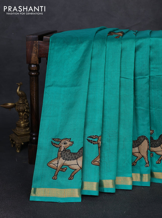 Silk cotton saree teal green with kalamkari applique work and zari woven border