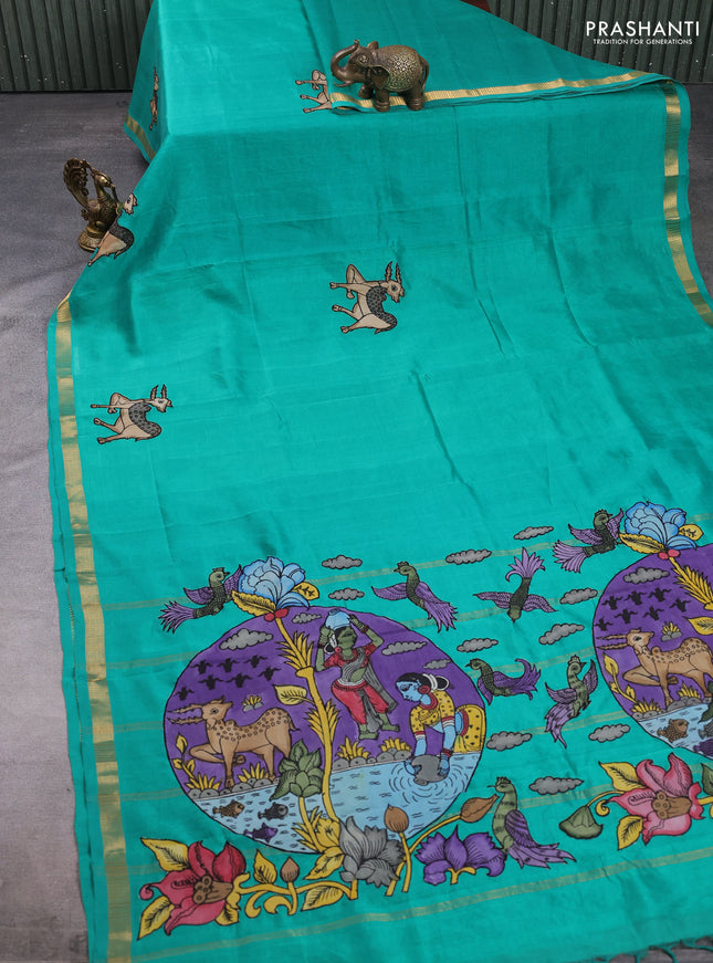 Silk cotton saree teal green with kalamkari applique work and zari woven border