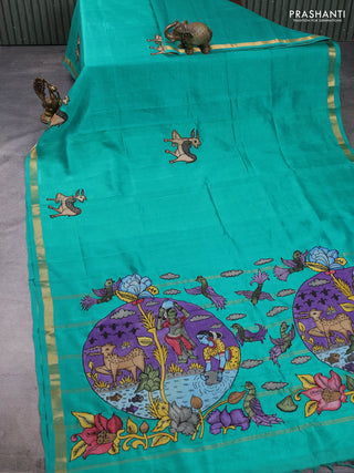 Silk cotton saree teal green with kalamkari applique work and zari woven border