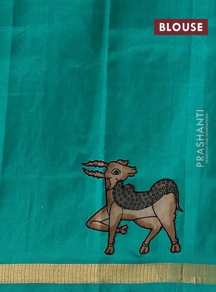 Silk cotton saree teal green with kalamkari applique work and zari woven border